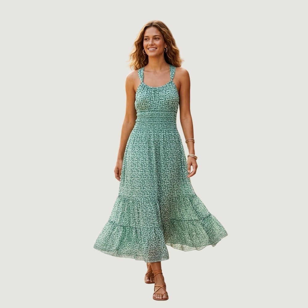 Max Studio Green Floral Smocked Tiered Maxi Dress S Sleeveless Boho Cottage